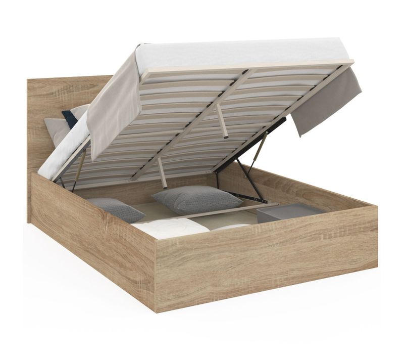 Lit Coffre Double Seaside Avec Tête De Lit Et Sommier 140x190 Cm Façon Hêtre