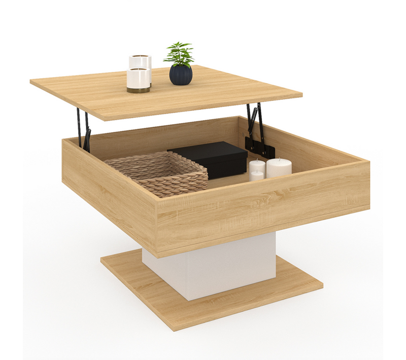 Table Basse Plateau Relevable Eden Carrée Bois Et Blanc