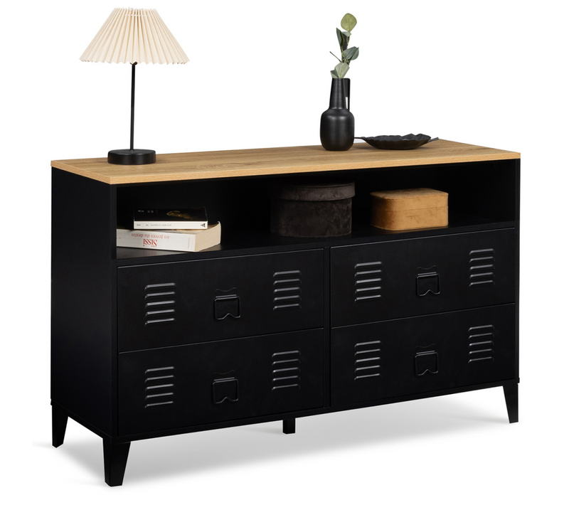 Commode 4 Tiroirs Ester 115 Cm Métal Noir Et Plateau Façon Hêtre Avec Niche Design Industriel