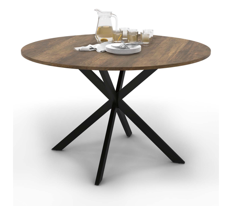 Table à Manger Ronde Alix 6 Personnes Pied Araignée Noir Et Plateau Bois Foncé Hawkins 110 Cm