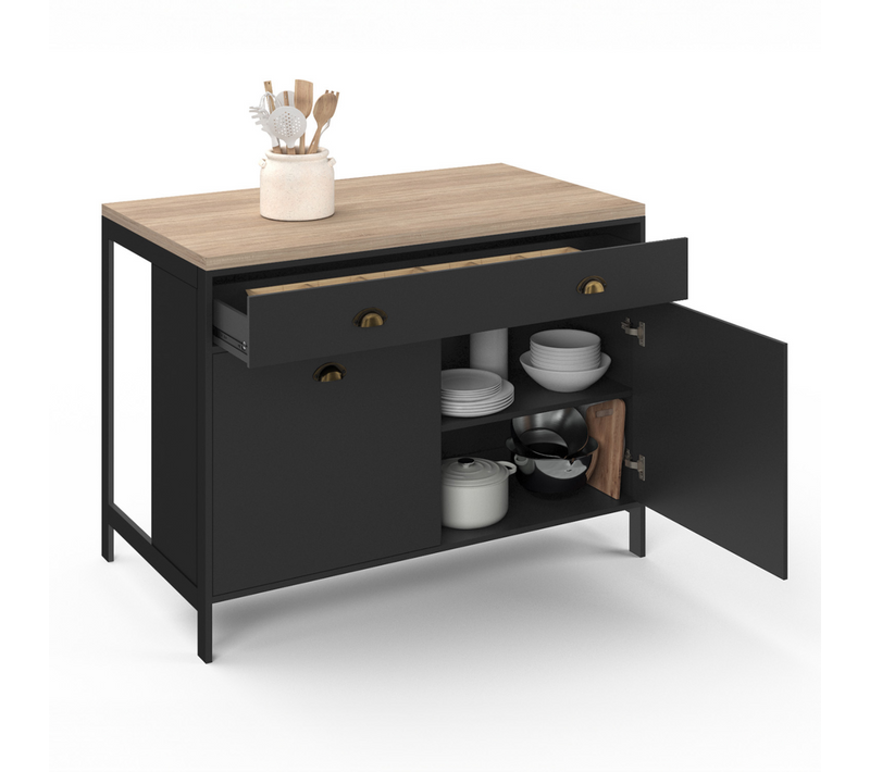 Ilot Central 120 Cm Campagne Isis Plateau Bois Façon Hêtre Et Noir