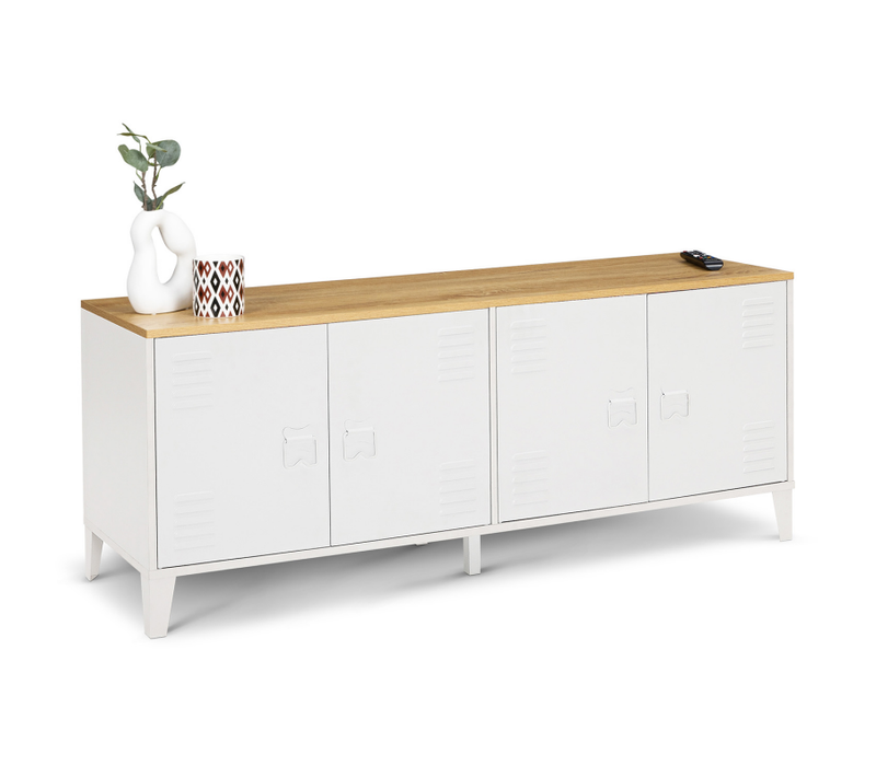 Buffet Bas 140 Cm Ester 4 Portes Métal Blanc Plateau Bois Design Industriel