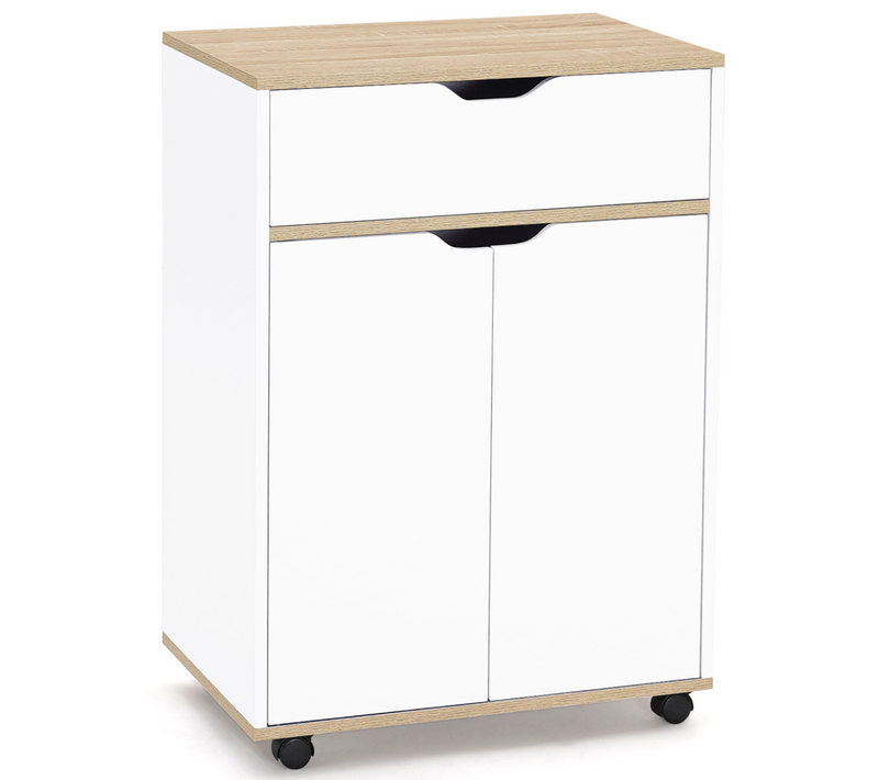 Desserte De Cuisine Cosy Placard Avec Tiroir Bois Blanc Et Plateaux Façon Hêtre L.60 Cm