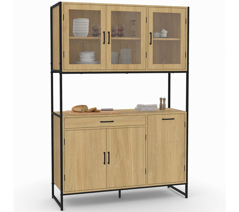 Buffet De Cuisine Vitré 120 Cm Detroit Meuble Vaisselier 6 Portes Design Industriel + Tiroir