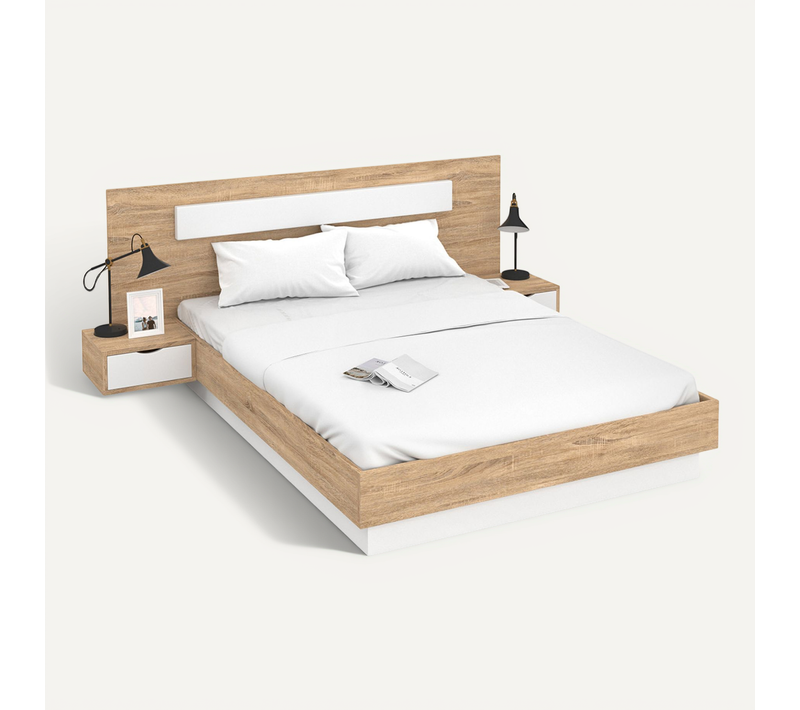 Lit Double Santa Avec Tête De Lit + Tables De Chevet Intégrées Et Sommier 140 X 190 Cm Bois Et Blanc