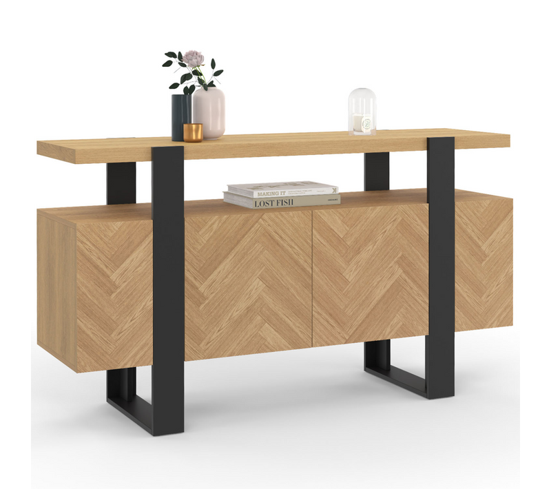 Buffet 140 Cm Cassius 4 Portes Effet Chevrons Et Noir