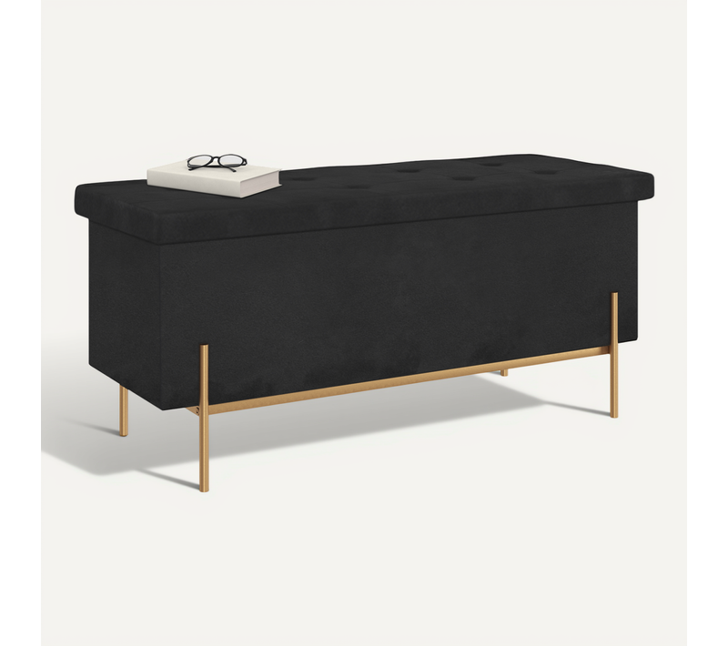 Banc Coffre Rangement Louis Pieds Métal Doré 100 Cm Velours Noir