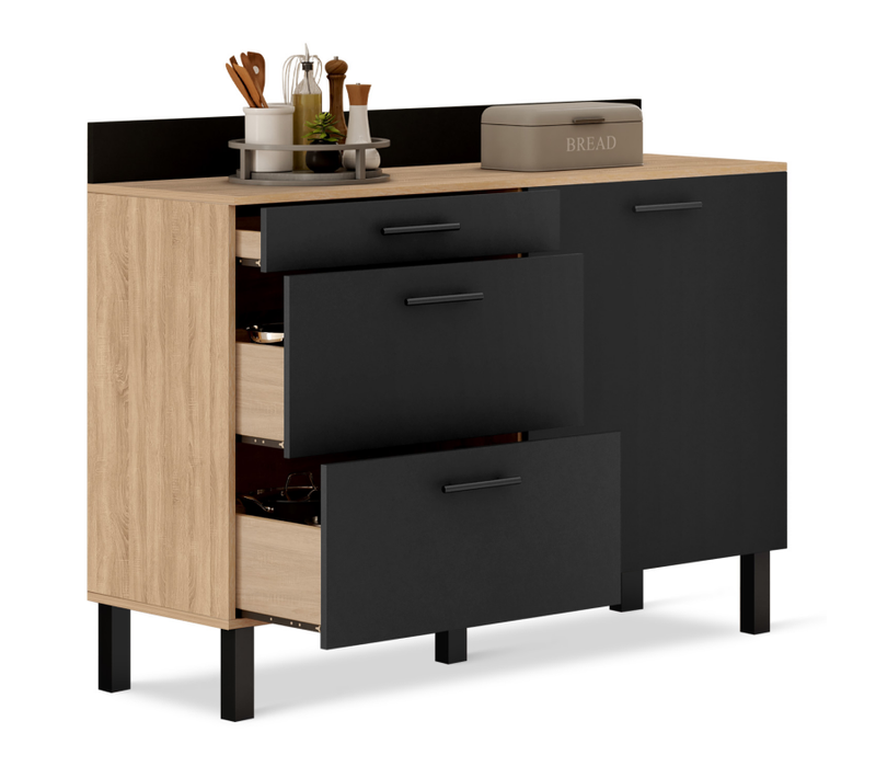 Buffet Bas Casserolier De Cuisine 120 Cm Cina Plan De Travail H.83 Cm 1 Porte + 3 Tiroirs Façon Hêtr