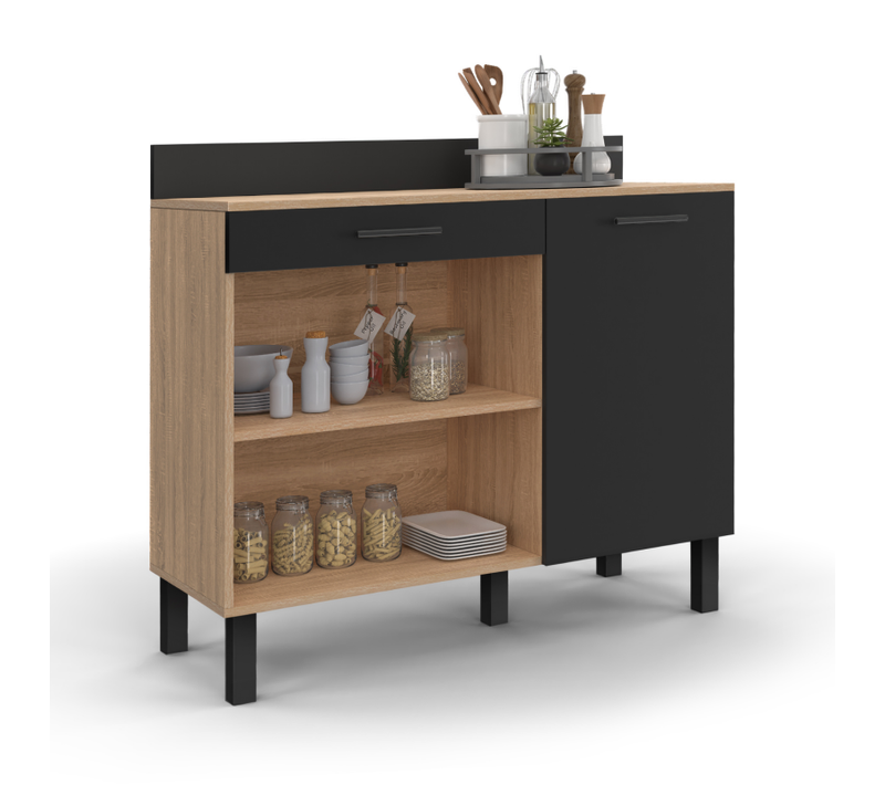 Buffet Bas De Cuisine 100 Cm Cina Plan De Travail H.83 Cm 1 Porte + 1 Tiroir Façon Hêtre Et Noir