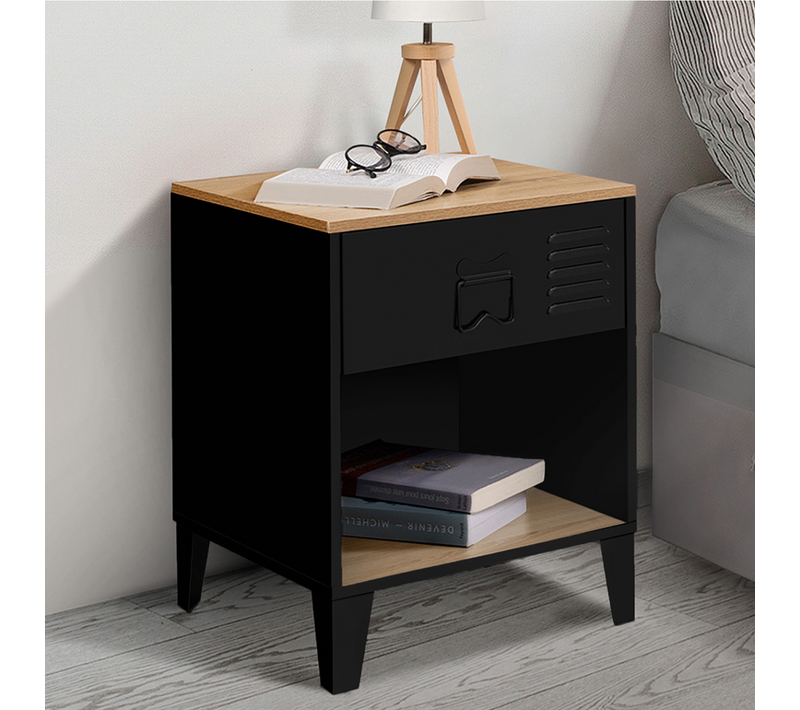 Lot De 2 Tables De Chevet Ester 1 Tiroir Métal Noir Avec Niche Et Plateau Façon Hêtre Design Industr