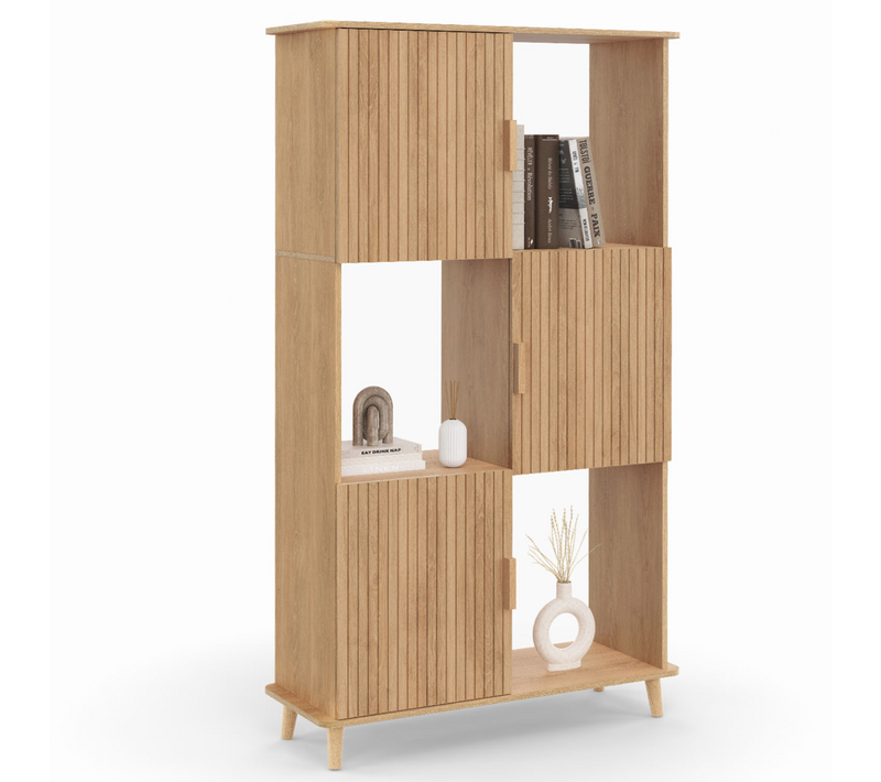 Etagère Bibliothèque 6 Cases Juliette Lattes Tasseau Bois Coloris Chêne Avec Placard