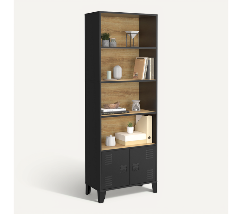 Etagère Bibliothèque 5 Niveaux Avec Placard Ester Portes Métal Noir Et Plateau Bois Design Industrie
