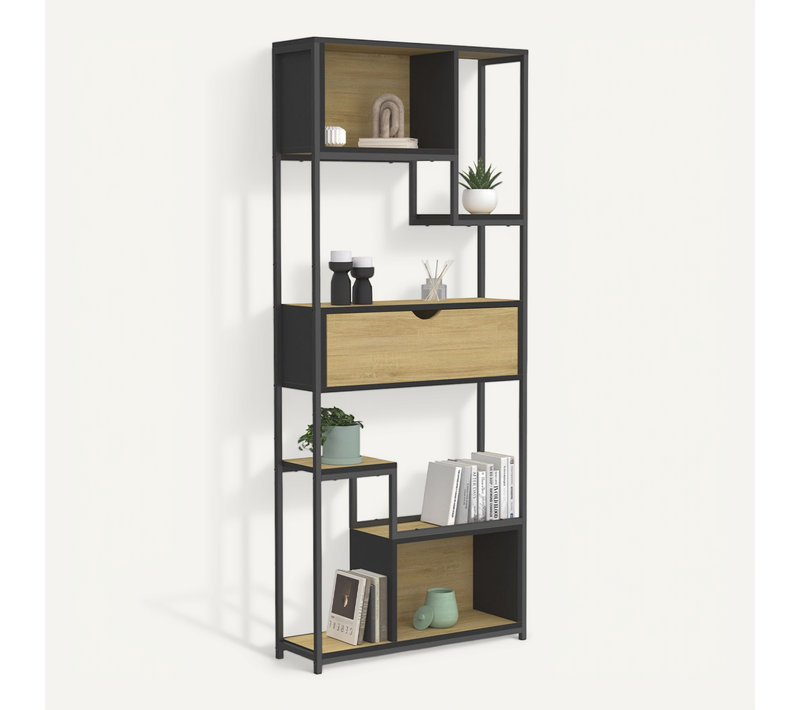 Etagère Bibliothèque 6 Niveaux Asymétrique Detroit Avec Tiroir Design Industriel 161 Cm