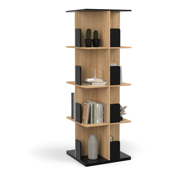 Etagère Bibliothèque Rotative 4 Niveaux Rapha Noir Et Effet Bois