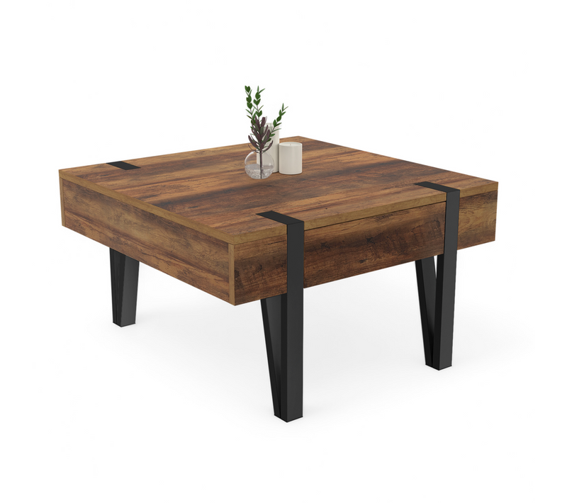 Table Basse Carrée 1 Tiroir Austria 70 Cm Bois Pied Épingle Noir