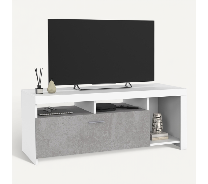 Meuble TV 110 Cm Malo Blanc Et Placard Effet Béton