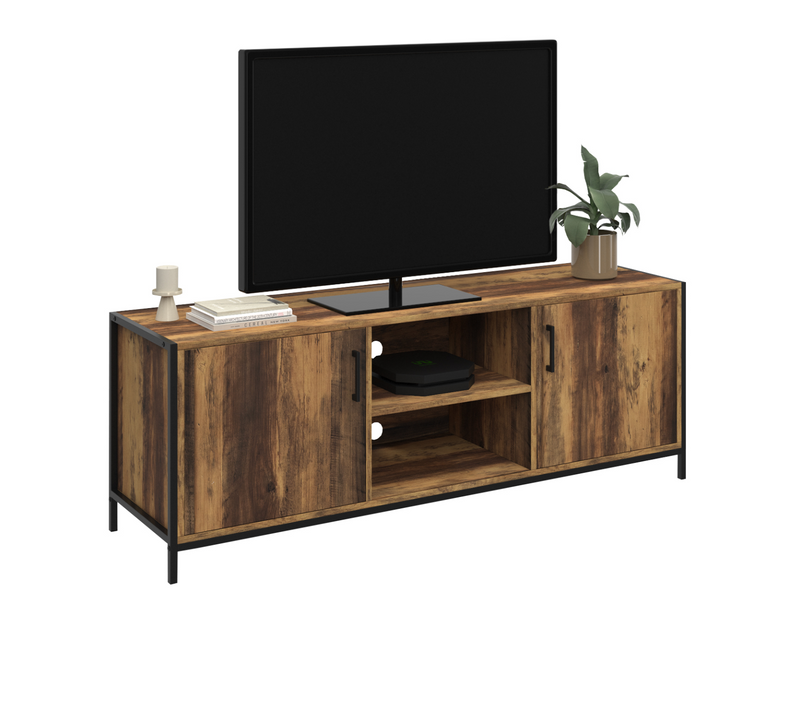 Meuble TV 140 Cm Hawkins 2 Portes Bois Foncé Design Industriel