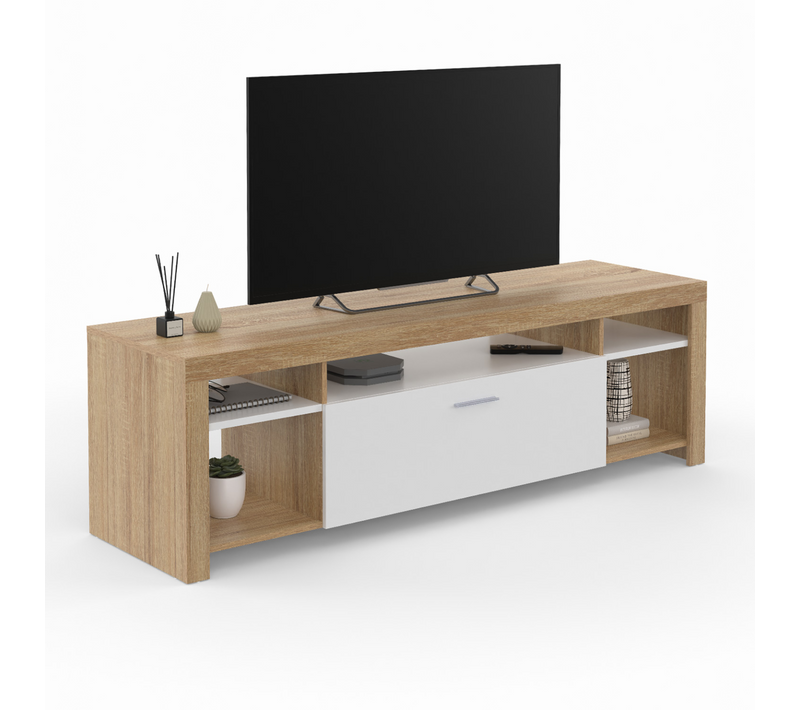 Meuble TV 140 Cm Malo Bois Et Placard Blanc
