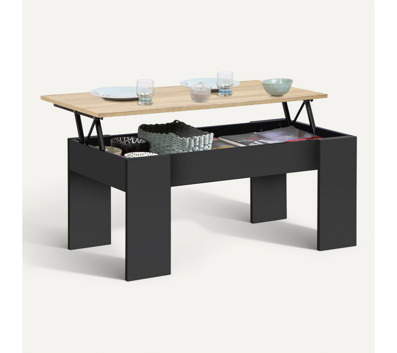 Table Basse Plateau Relevable Rectangulaire Tara Bois Noir Et Imitation Hêtre