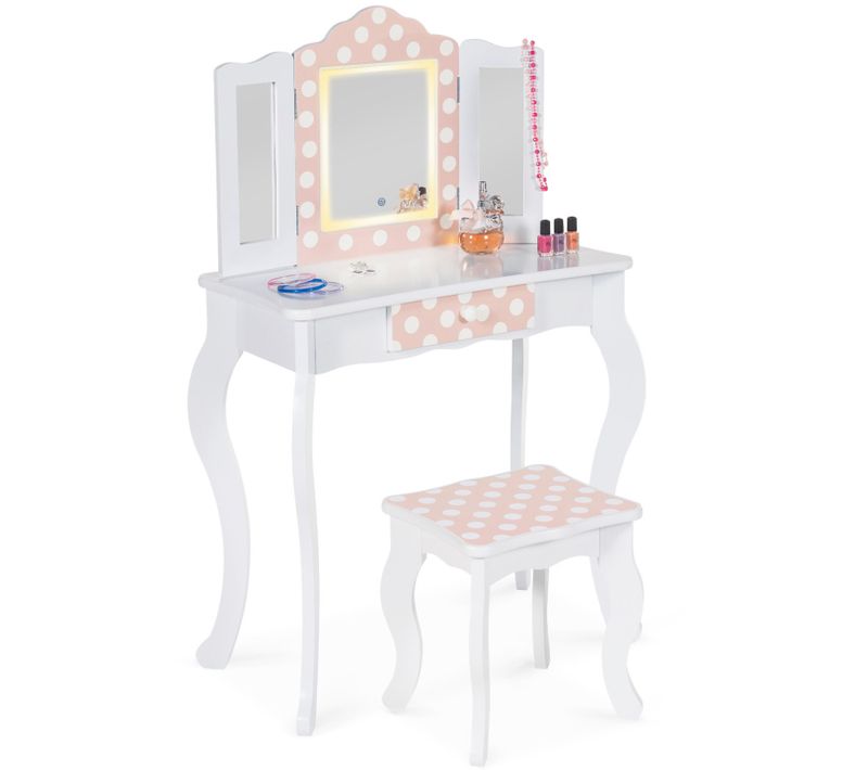 Coiffeuse Enfant Roza LED Blanche Et Rose Avec 3 Miroirs Et Tabouret