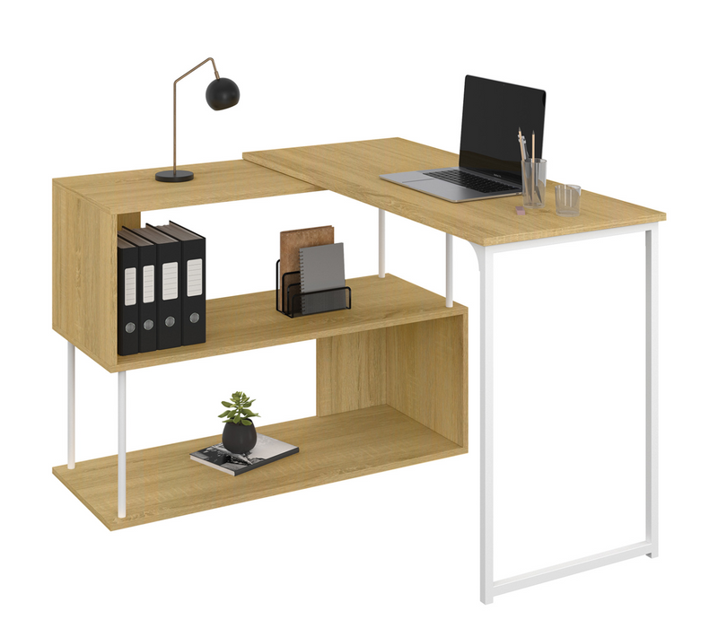 Bureau D'angle Rotatif 180° Detroit étagère Forme S Design Industriel Bois Et Métal Blanc