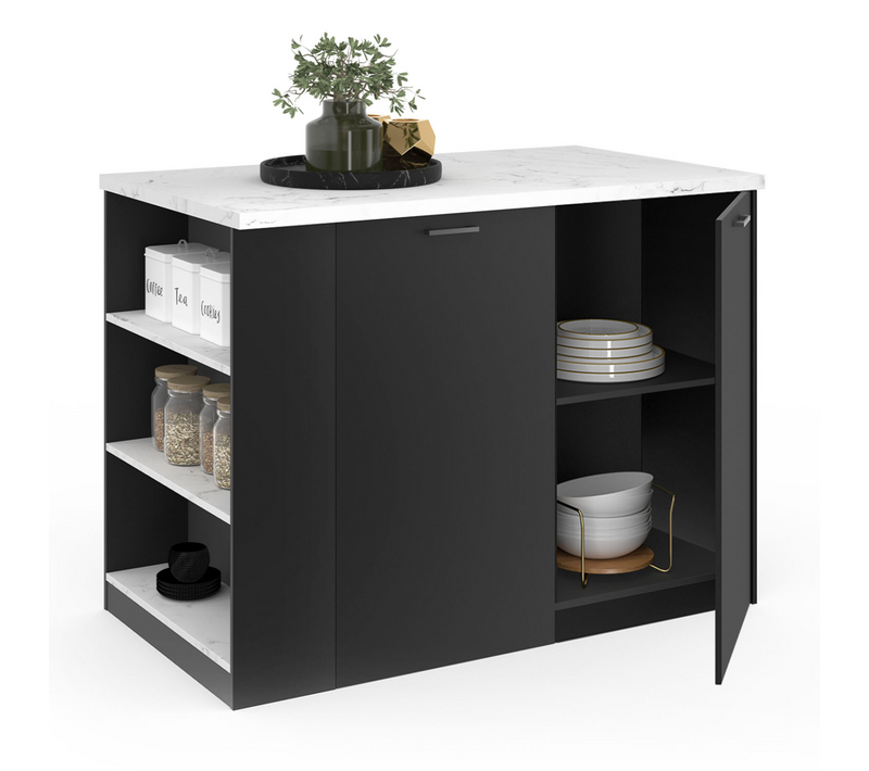 Ilot Central Tibo 120 Cm Bois Noir Avec Plan De Travail Effet Marbre Alaska