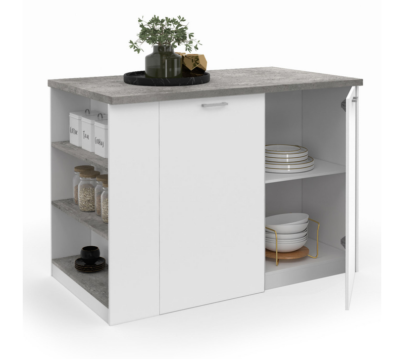 Ilot Central Tibo 120 Cm Bois Blanc Avec Plan De Travail Façon Béton