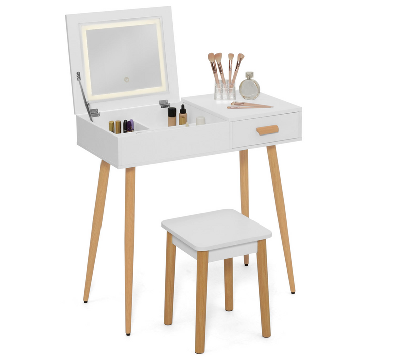 Coiffeuse Scandinave Lisa Blanche Miroir Rabattable LED Et Tabouret