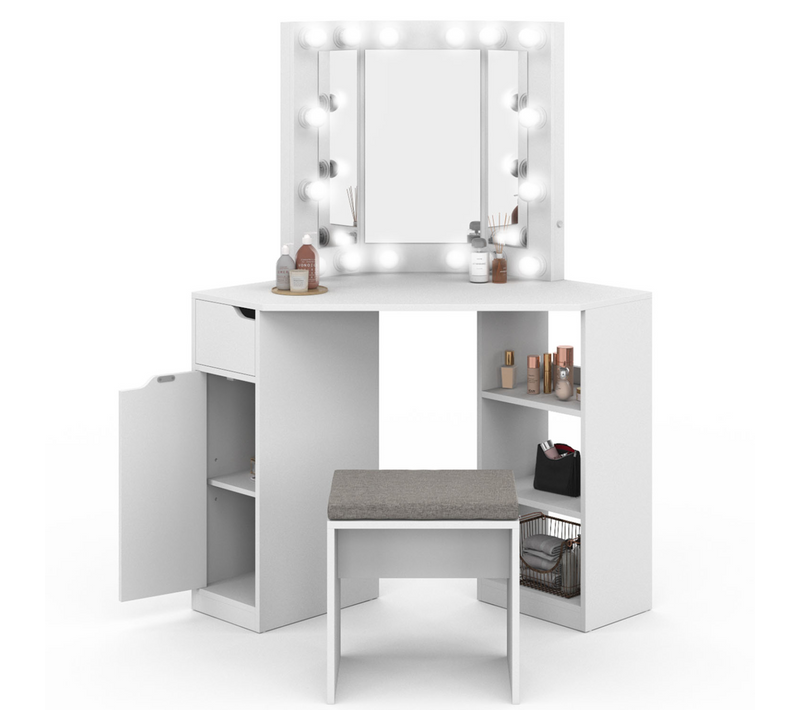 Coiffeuse D'angle Zelia Blanche 3 Miroirs LED, 3 Étagères, 1 Tiroir, 1 Caisson De Rangement Et Tabou