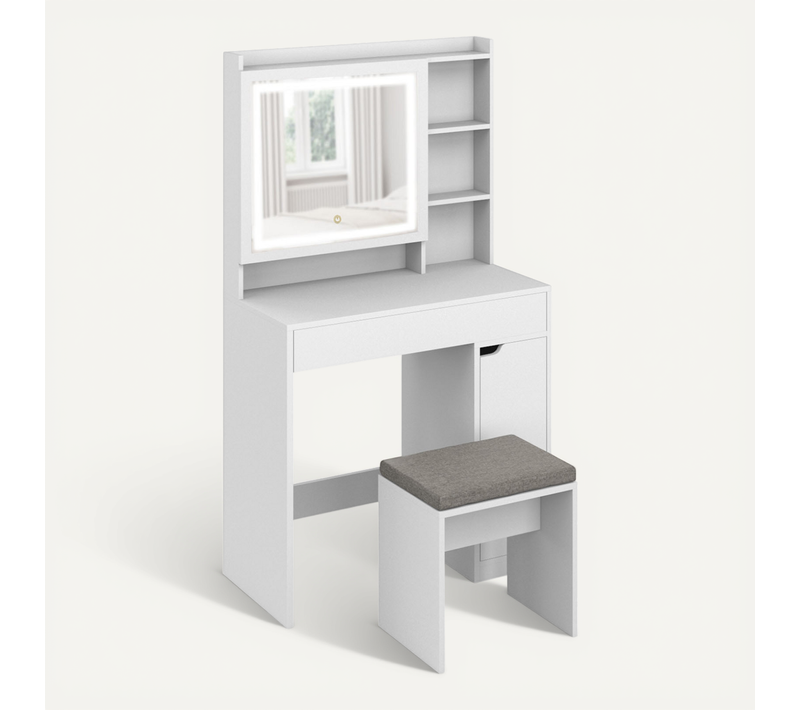 Coiffeuse Zelia Blanche Miroir LED Avec Rangement, 1 Tiroir, 1 Caisson De Rangement Et Tabouret Remb