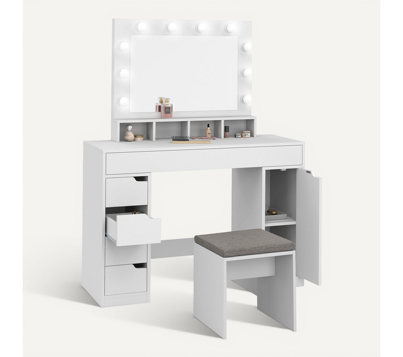 Coiffeuse Zelia Blanche Miroir LED Avec 4 Niches, 5 Tiroirs, 1 Caisson De Rangement Et Tabouret Remb