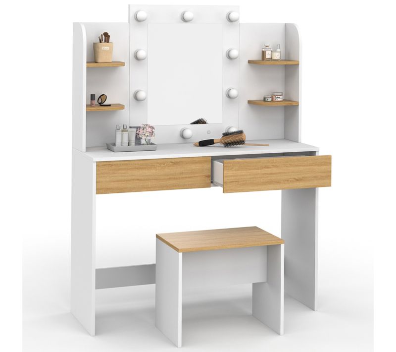 Coiffeuse Zelia Blanc Et Hêtre Table De Maquillage 4 étagères, Miroir LED Et Tabouret