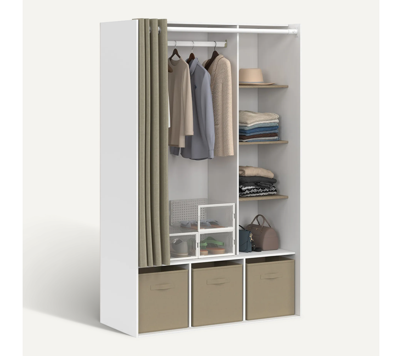 Dressing Penderie Diane 105 X 45 X 167 Cm Blanc Avec étagères + Boites De Rangement + Rideau Taupe