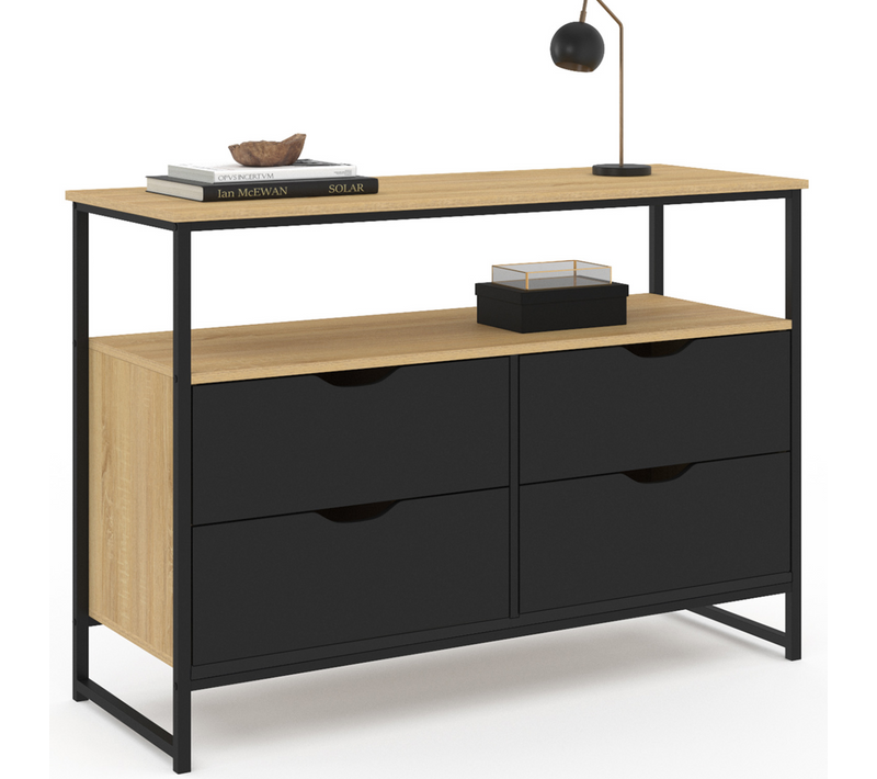 Commode 4 Tiroirs Noirs Boston 110 Cm Design Industriel Avec Étagère
