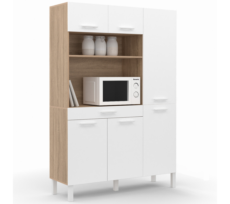 Buffet De Cuisine Avec Colonne De Rangement 120 Cm Cina 6 Portes + Tiroir Façon Hêtre Et Blanc