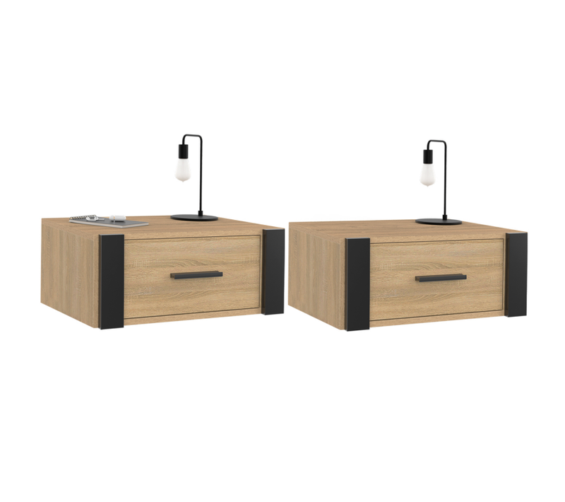 Lot De 2 Tables De Chevet Murales Onyx 1 Tiroir Étagère Suspendue Bois Et Noir