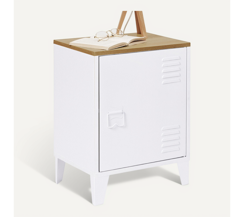 Table De Chevet Ester 1 Porte Métal Blanc Plateau Façon Hêtre Design Industriel