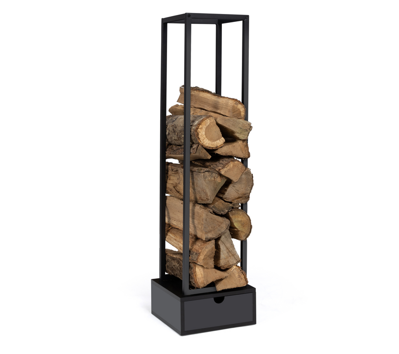 Range Bûches Vertical Acier Noir H. 125 Cm Avec Tiroir Pour Cheminée