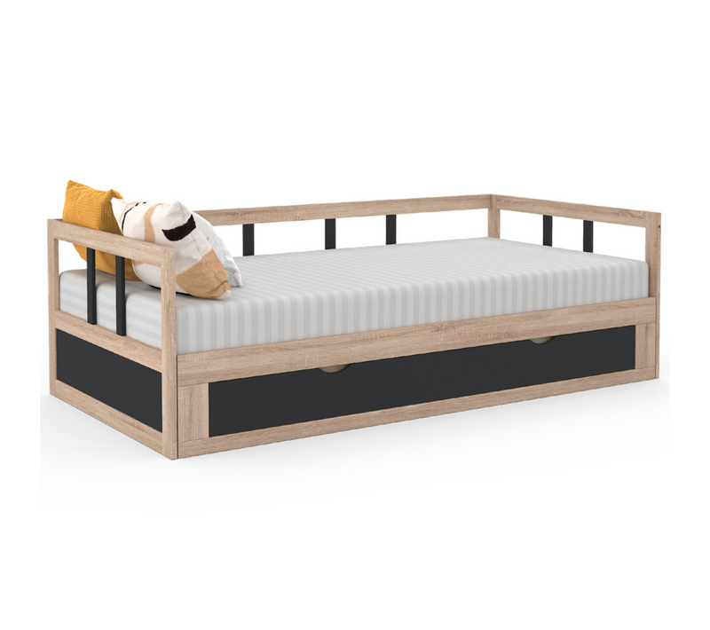 Lit Banquette 90 X 190 Cm Zoya Convertible 180 X 190 Cm Hêtre Et Noir Avec 1 Tiroir De Rangement