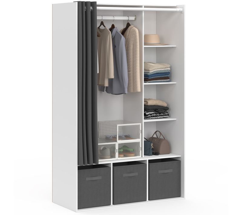 Dressing Penderie Diane 105 X 45 X 167 Cm Blanc Avec étagères + Boites De Rangement + Rideau Gris