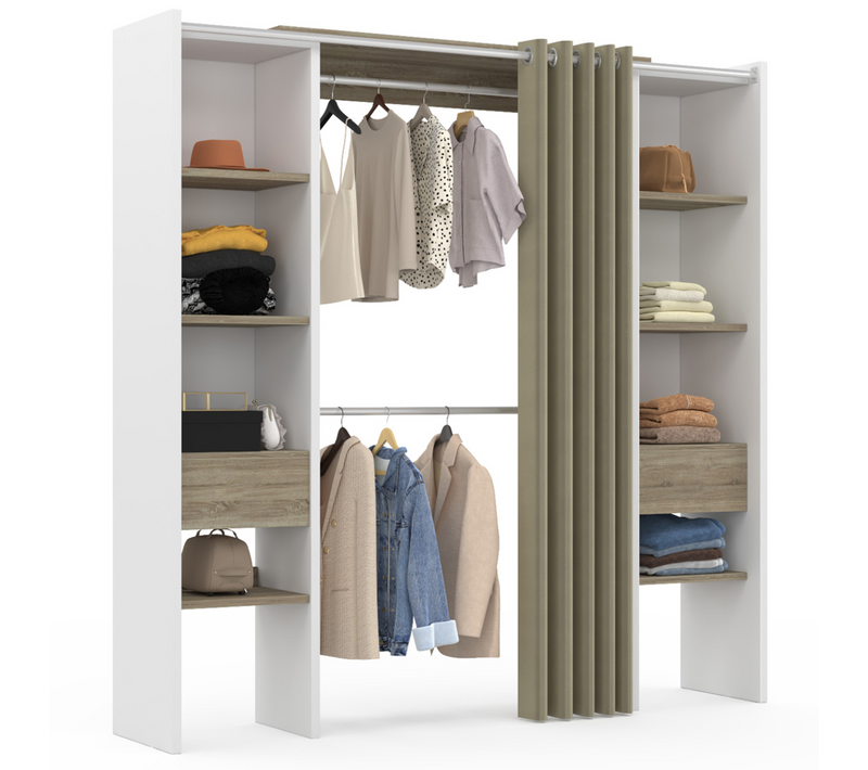 Dressing Extensible Double Meryl 120/180 X 50 X 180 Cm Blanc Avec Étagères Hêtre + Double Penderie +