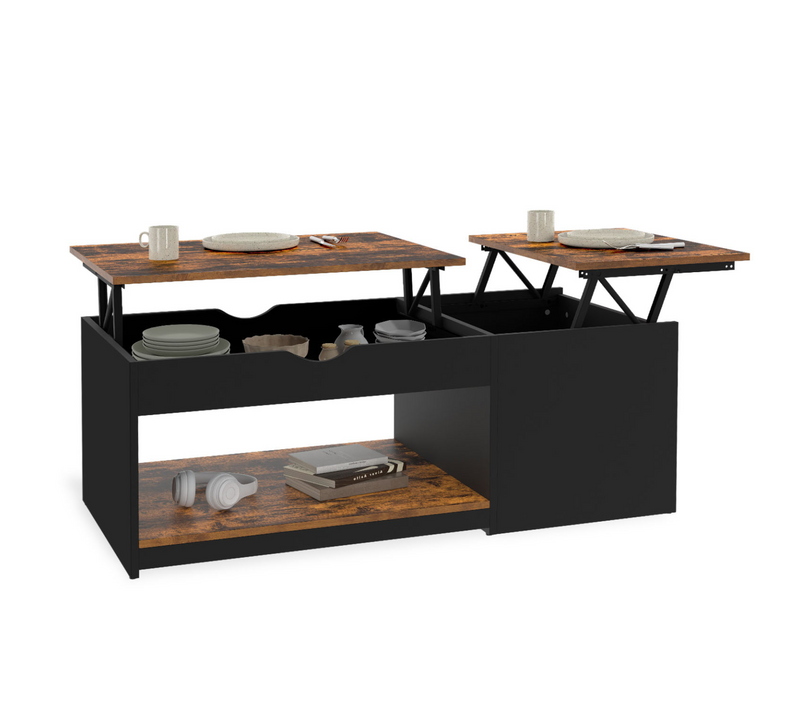 Table Basse 2 Plateaux Relevables Elea Avec Coffre Bois Foncé Effet Vieilli Et Noir