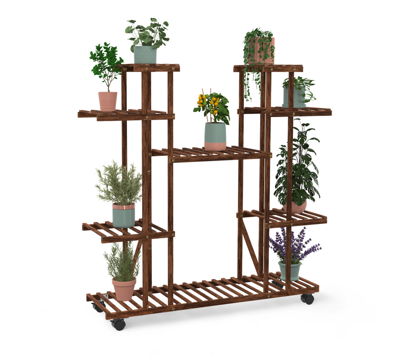 Etagère à Pots De Fleurs Porte Plante En Bois 8 Niveaux à Roulettes