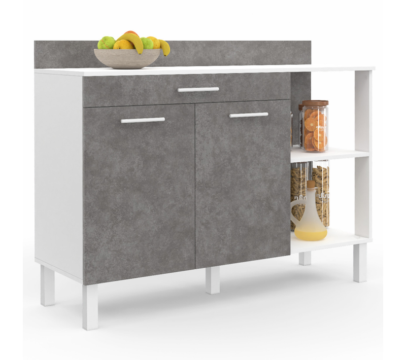 Buffet Bas De Cuisine 120 Cm Cina Plan De Travail H.83 Cm 2 Portes + Tiroir Blanc Et Effet Béton
