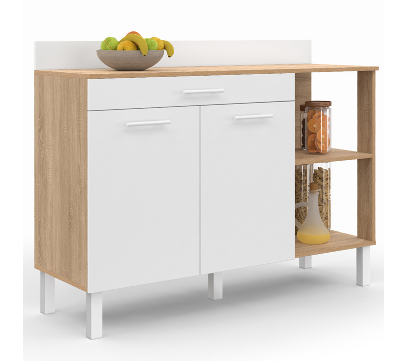 Buffet Bas De Cuisine 120 Cm Cina Plan De Travail H.83 Cm 2 Portes + Tiroir Façon Hêtre Et Blanc