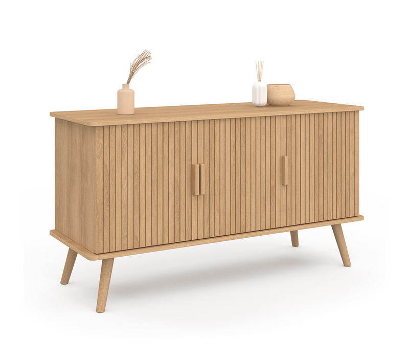 Buffet 110 Cm Juliette 3 Portes Lattes Tasseau Bois Coloris Chêne