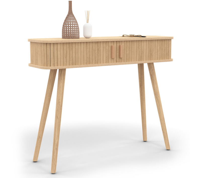Console 2 Portes Coulissantes Romie Lattes Tasseau Bois Coloris Chêne
