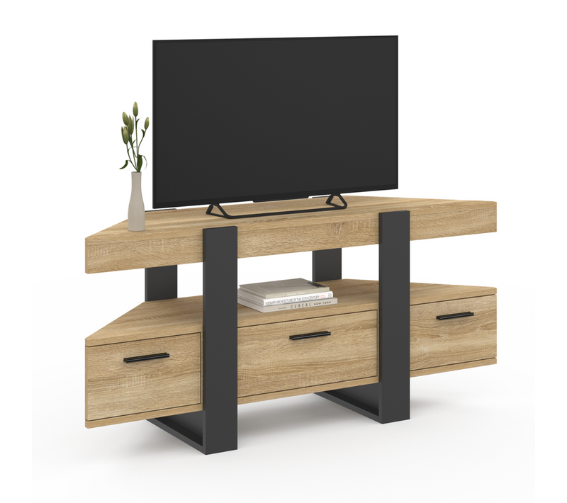 Meuble TV 110 Cm D'angle Phoenix Avec Tiroir Bois Et Noir