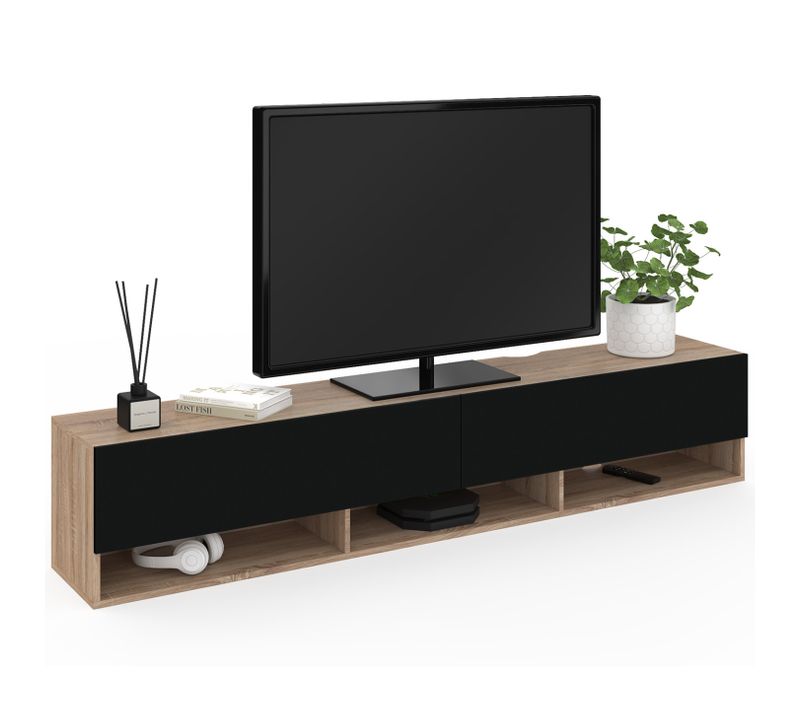 Meuble TV 180 Cm Suspendu Elio 2 Portes Avec étagère Bois Et Noir