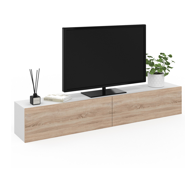 Meuble TV 180 Cm Suspendu Elio 2 Portes Blanc Et Bois